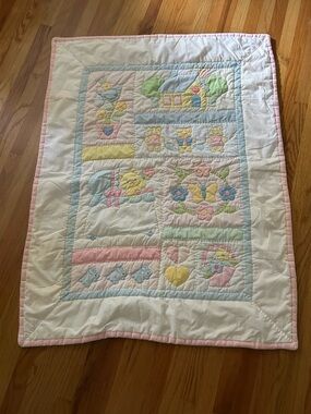 Vintage House of Hatten Inc. Pastel Baby Patchwork Quilt - Pink Border 46x35”
